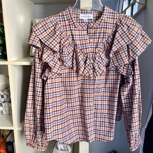Something Navy plaid ruffle blouse